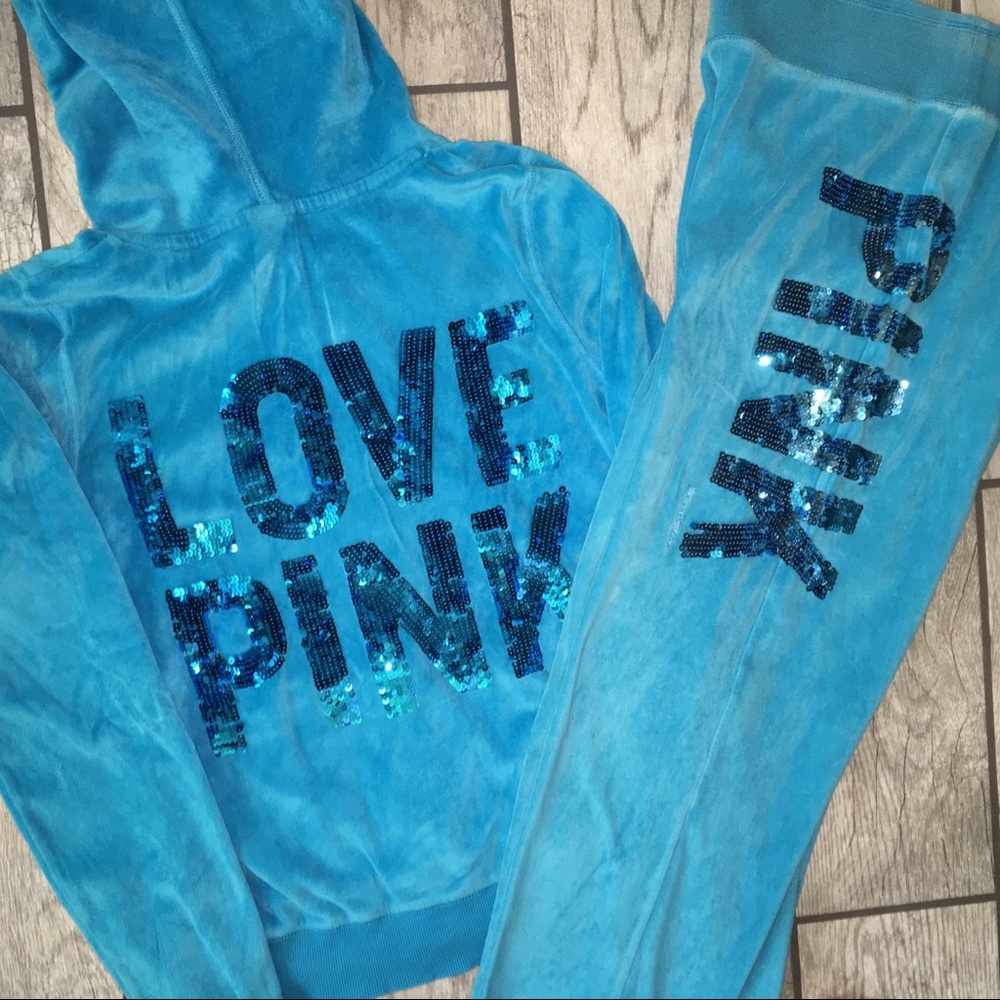 PINK Velour Tracksuit Sequin Sz. S Blue
